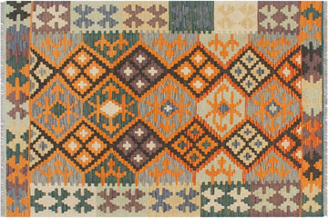 Flat Weave Kilim, Antique, Navaho, Vintage, Handmade, Geometric Kilim Orange Green Hand-Woven Rectangle 100% Wool Area Rug 3 x 5